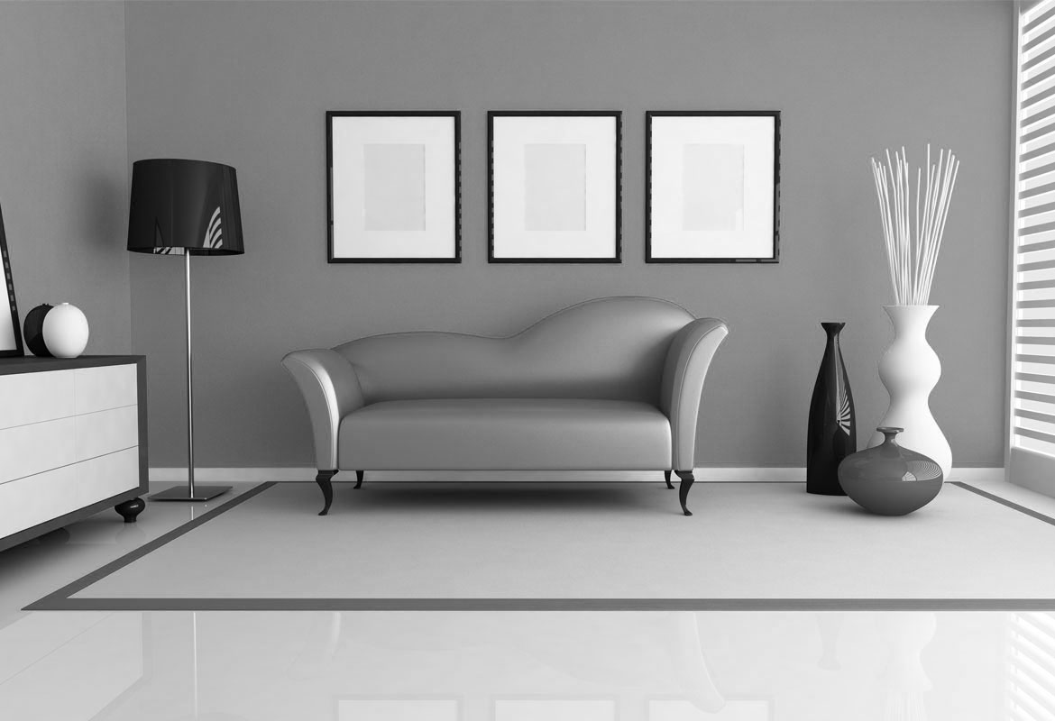High Resolution Grey Wall with Some Furniture and Photo Frames